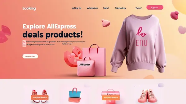 AliExpress promotion with bold text, fashion and tech icons, light background, and a button for coupons